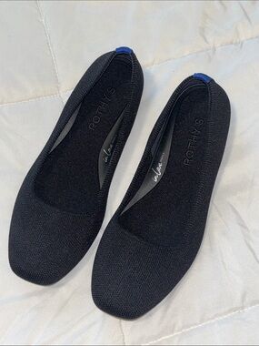 Rothy's Black Knit Square-Toe Ballet Flats with Blue Heel Tab